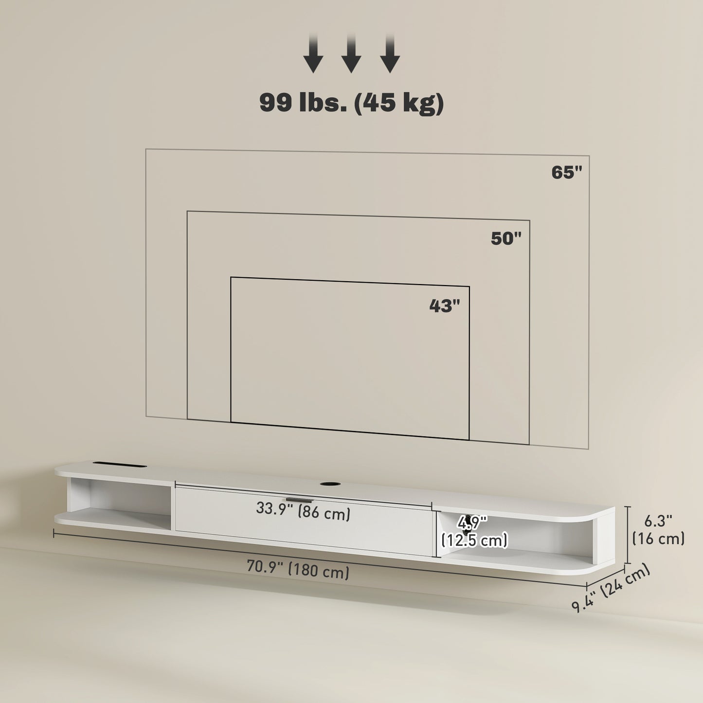HOMCOM 71-inch Floating TV Stand Wall Mounted Media Console with Flip Drawer, 2 Open Shelves, White Wood Grain