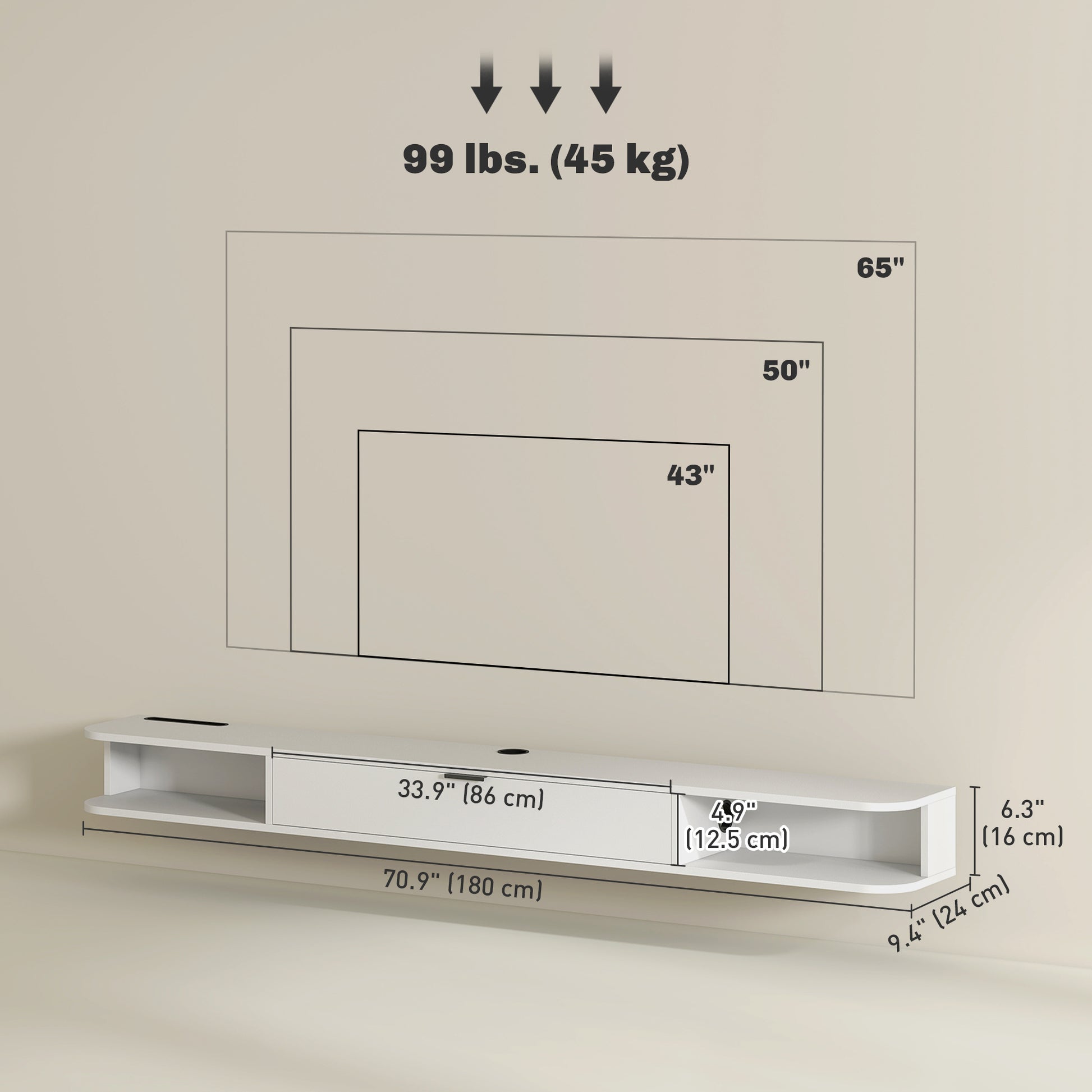 HOMCOM 71-inch Floating TV Stand Wall Mounted Media Console with Flip Drawer, 2 Open Shelves, White Wood Grain
