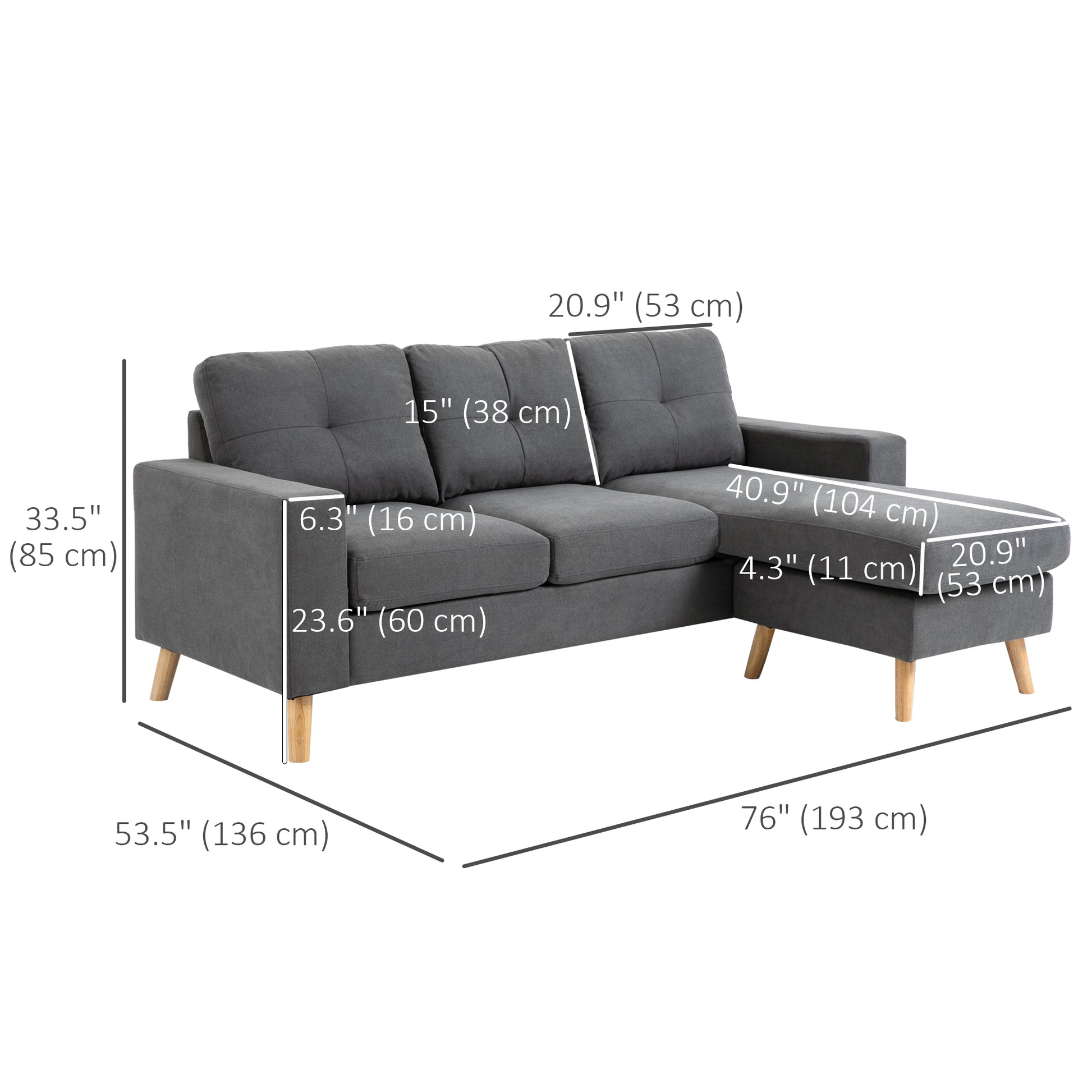 HOMCOM Reversible Chaise L-Shaped Sectional Sofa, Dark Grey Wooden Legs