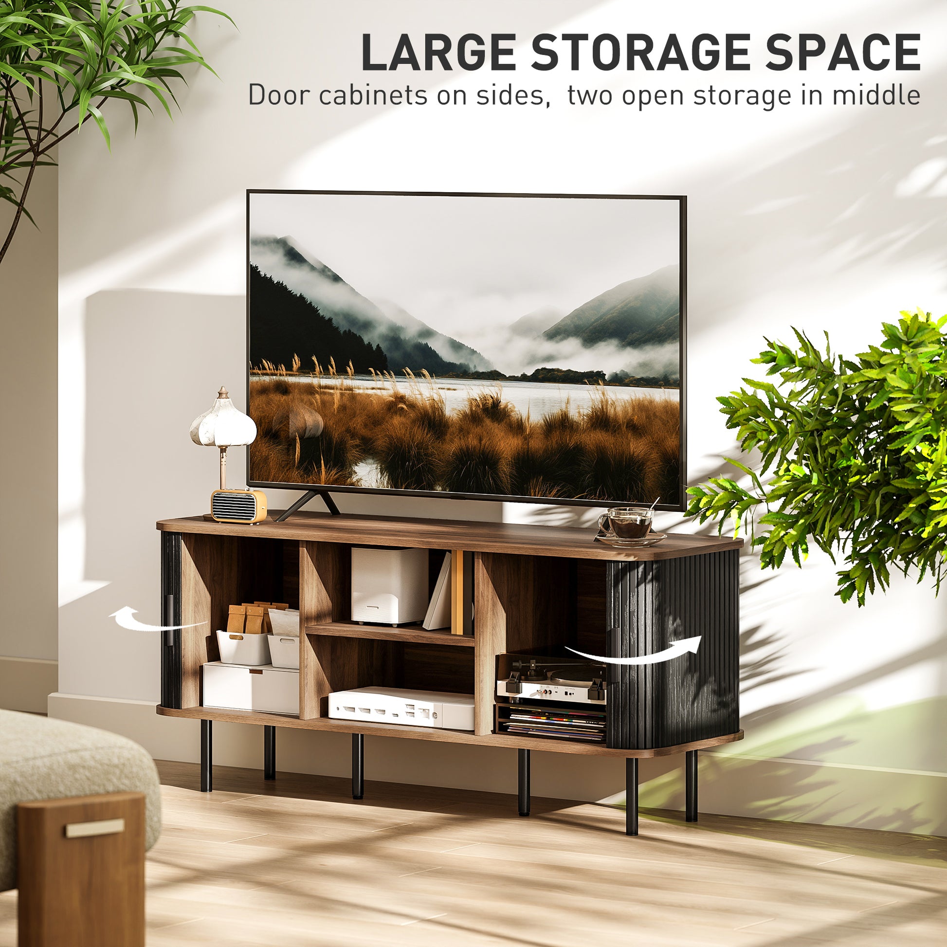 HOMCOM Modern Black TV Stand for 55-Inch TVs, Storage Shelves, Slatted Doors