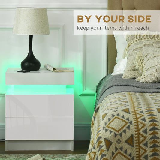 HOMCOM Modern LED Nightstand High Gloss Front 2-Drawer Bedside Table