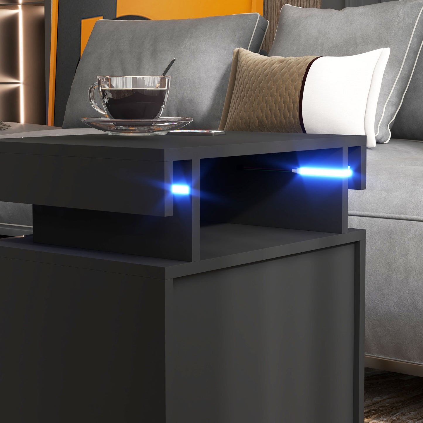 Modern High Gloss Nightstand Bedside Table with LED Lights, 2 Drawers, Grey