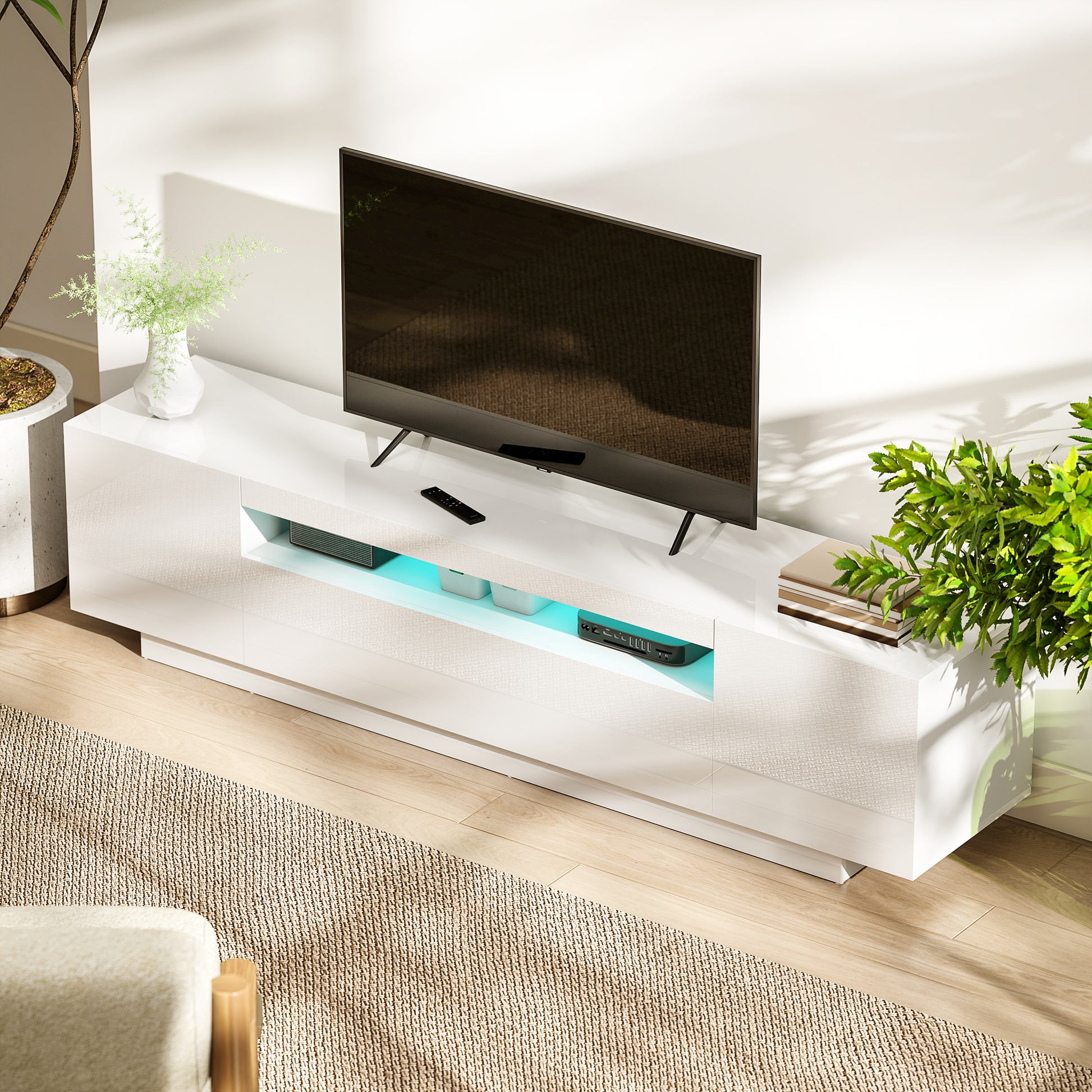 HOMCOM Modern White High-Gloss TV Stand with RGB LED Lighting