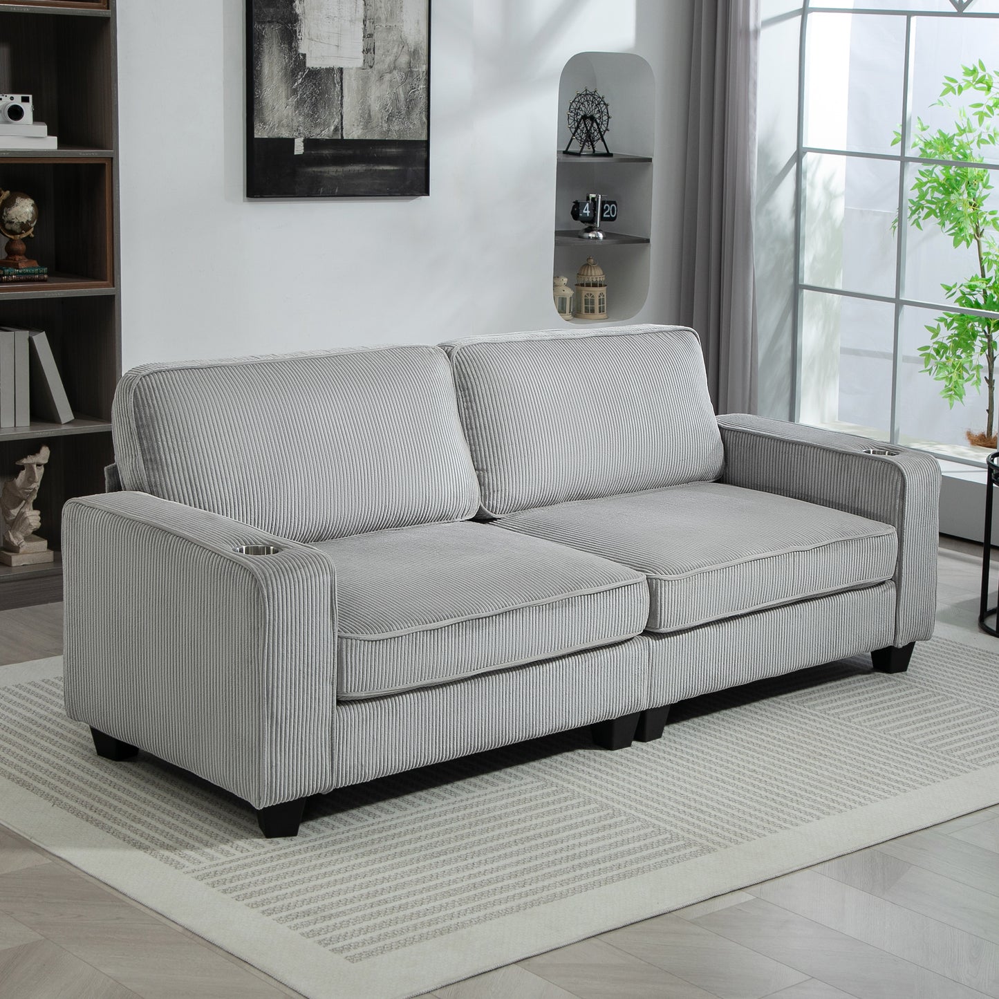 HOMCOM Light Grey 3-Seater Fabric Sofa: Spring Cushions, Cup Holders