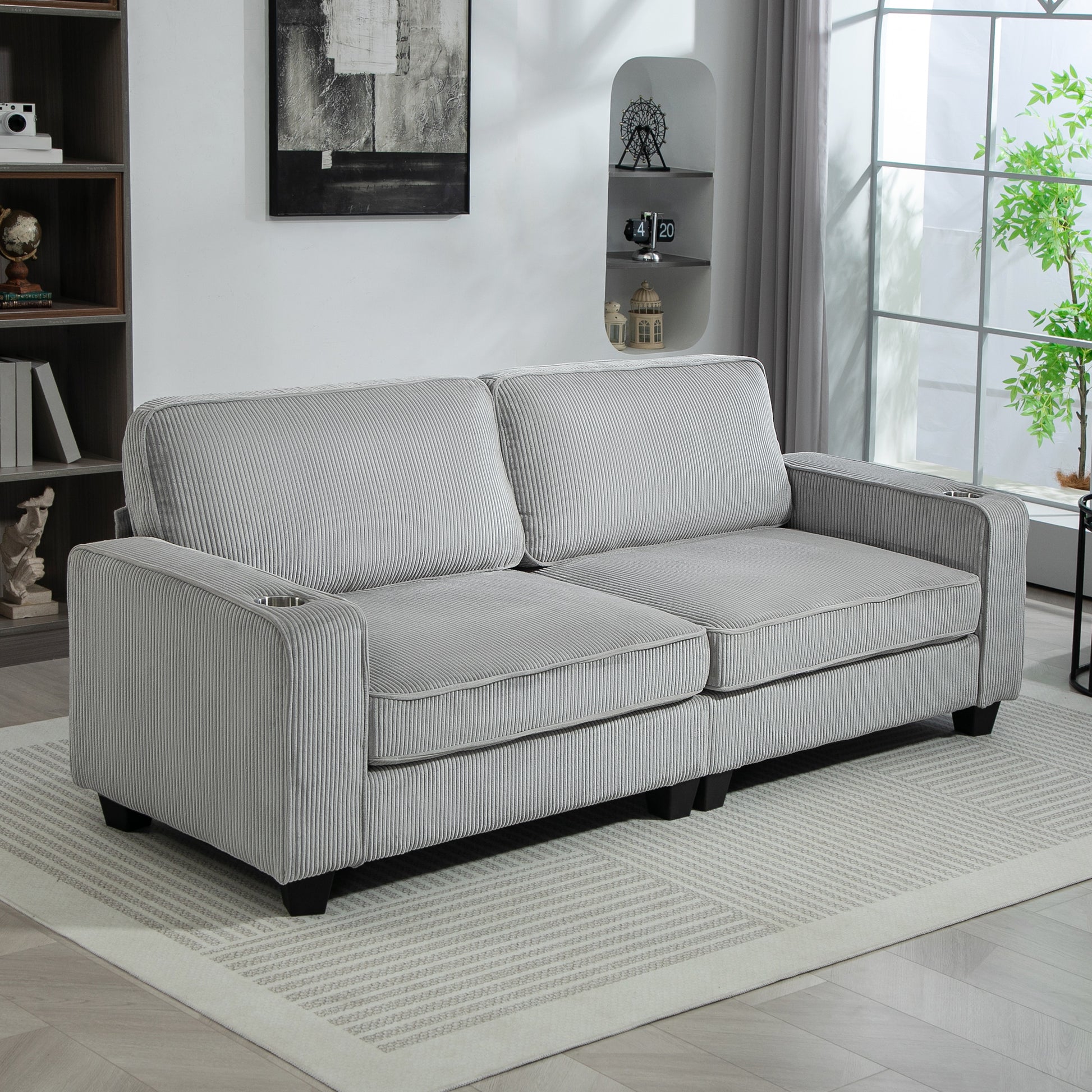 HOMCOM Light Grey 3-Seater Fabric Sofa: Spring Cushions, Cup Holders