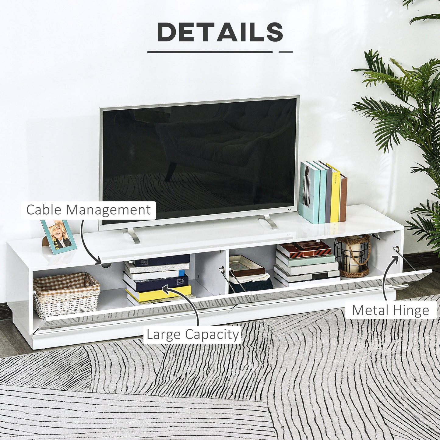 HOMCOM 75-inch High Gloss White LED TV Stand Entertainment Center with Storage