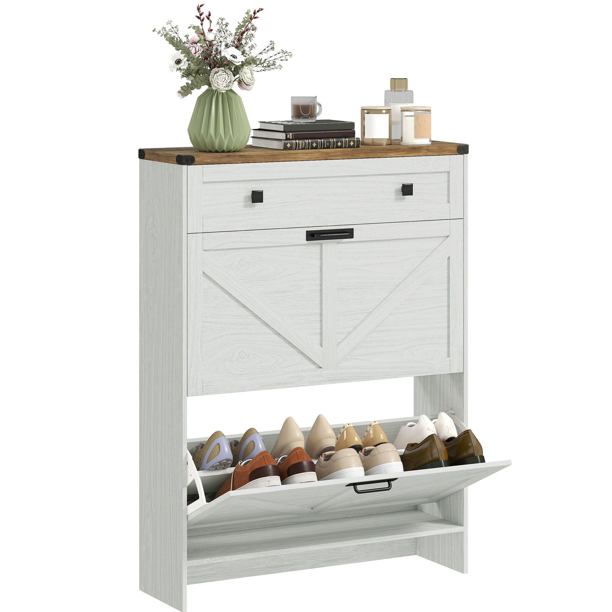 Farmhouse Narrow Shoe Cabinet with 2 Flip Drawers – 32"W x 43"H