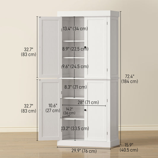 Freestanding Kitchen Pantry Cabinet with 4 Doors – 30"W x 73"H, White