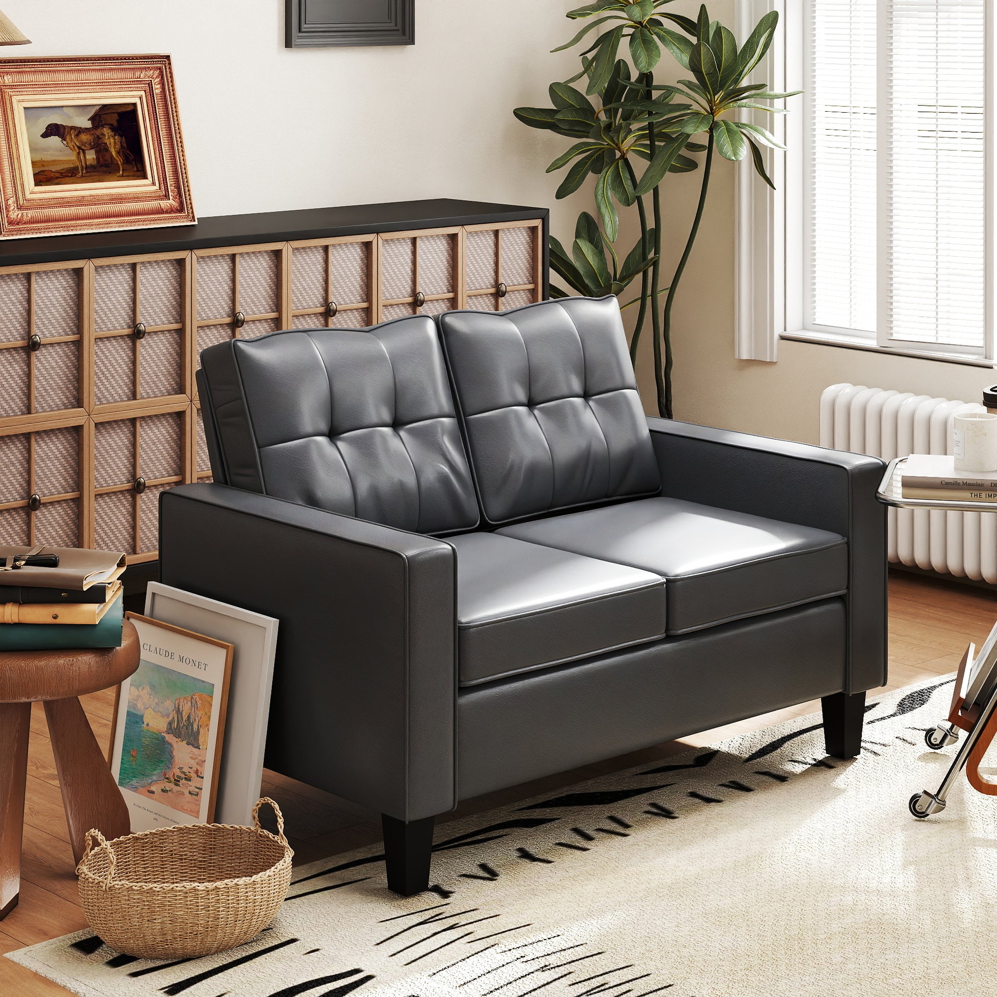 HOMCOM 51" Grey PU Leather Loveseat Sofa, Tufted Back, Pocket Spring