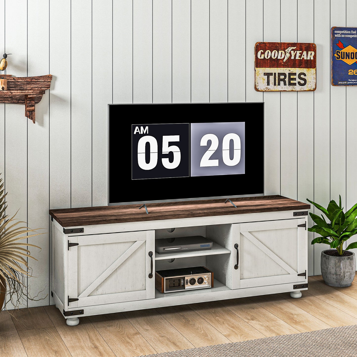 HOMCOM Farmhouse 65-inch TV Stand, Barn Doors, Cable Management, Distressed White