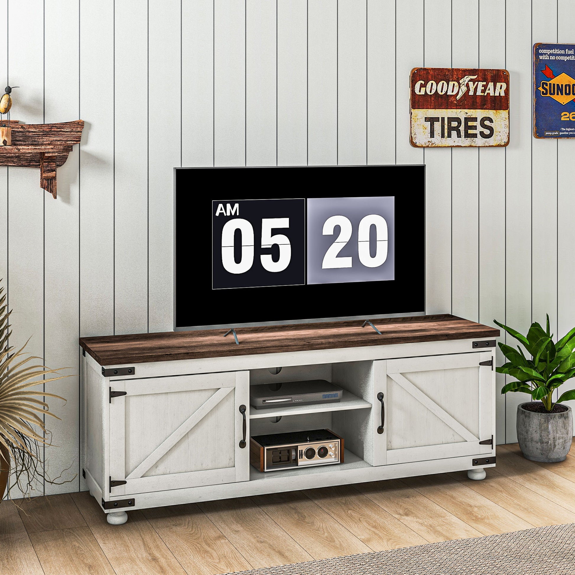 HOMCOM Farmhouse 65-inch TV Stand, Barn Doors, Cable Management, Distressed White