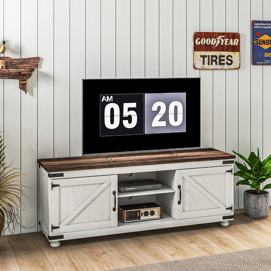 HOMCOM Farmhouse 65-inch TV Stand, Barn Doors, Cable Management, Distressed White