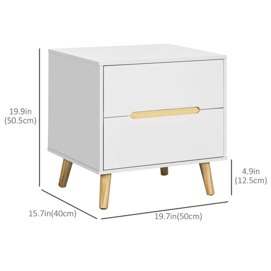 HOMCOM Modern White Nightstand with 2 Drawers, Solid Pine Wood Legs