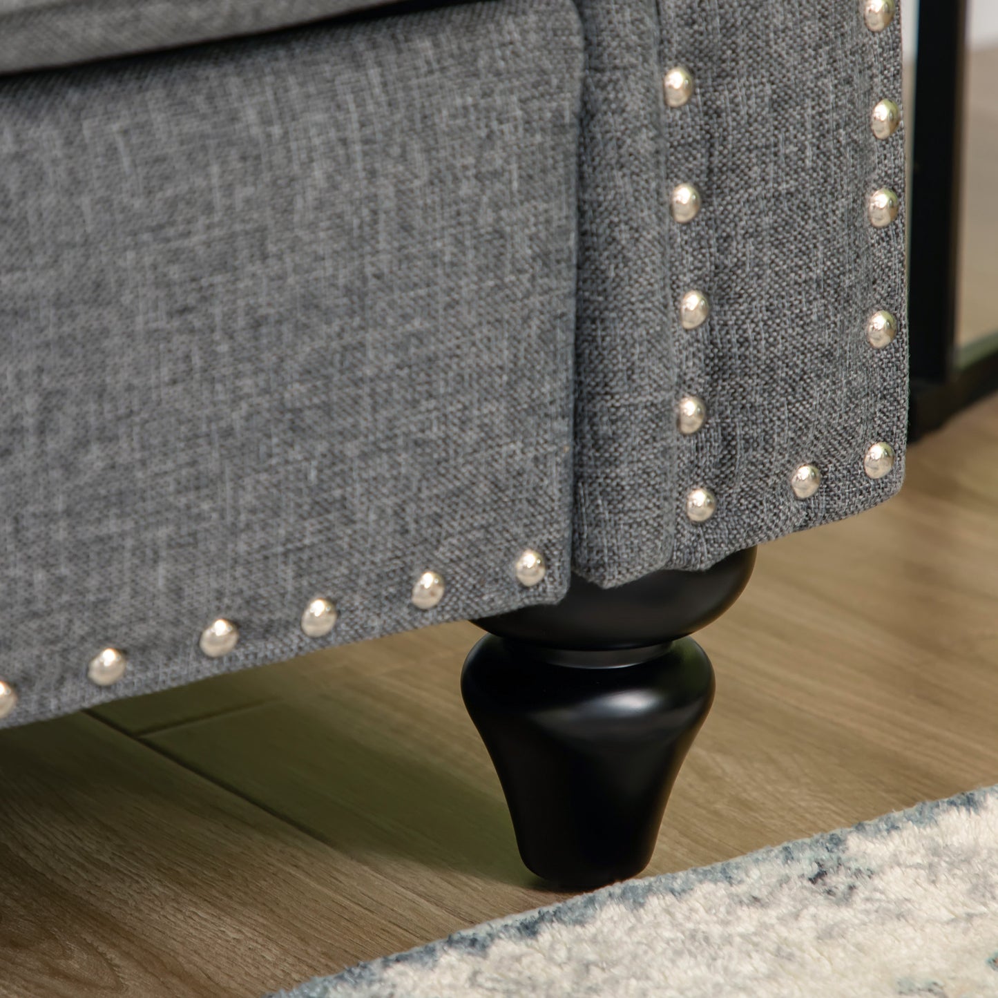 Modern Grey Linen Fabric 3-Seater Sofa Couch with Studded Trim & Rolled Arms