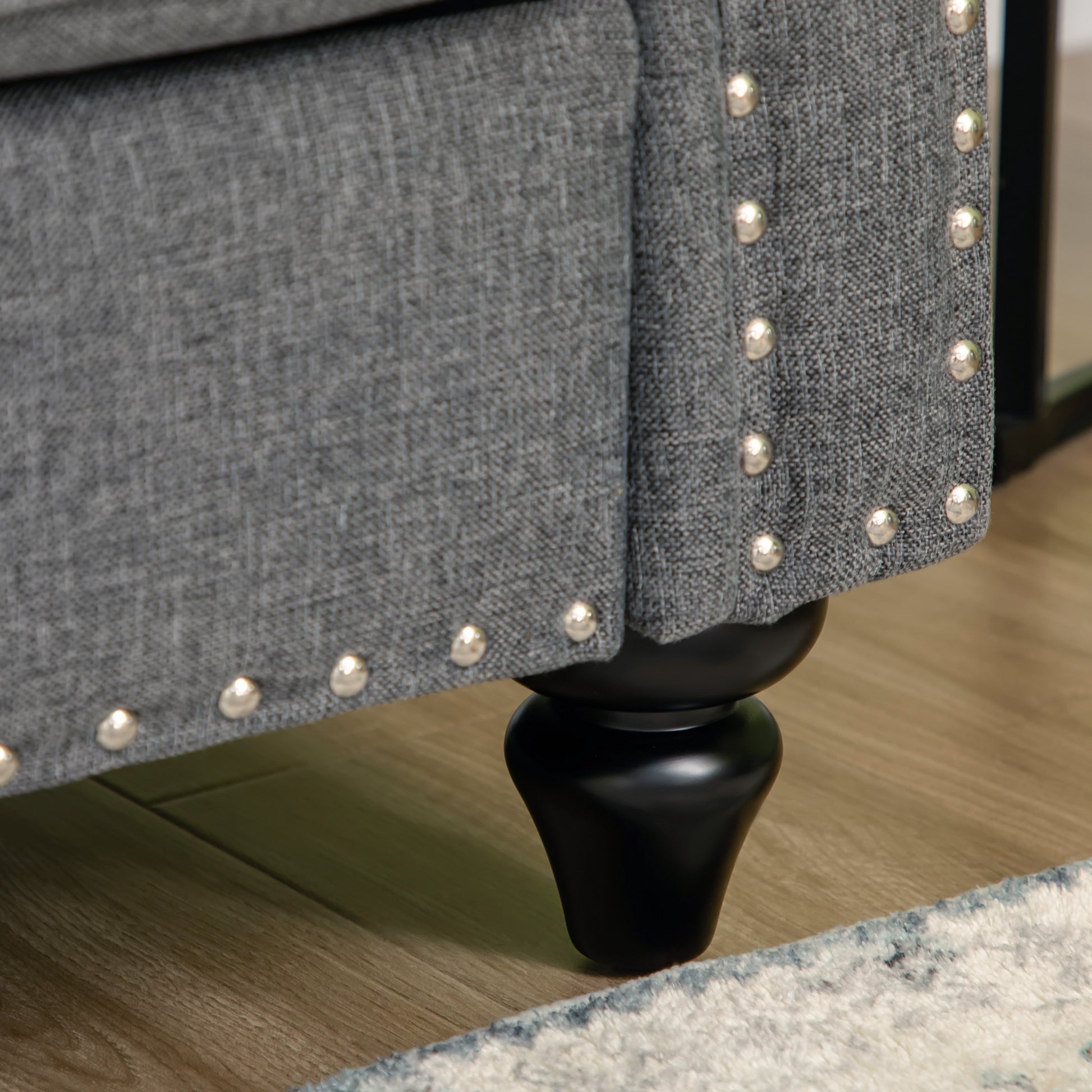 Modern Grey Linen Fabric 3-Seater Sofa Couch with Studded Trim & Rolled Arms