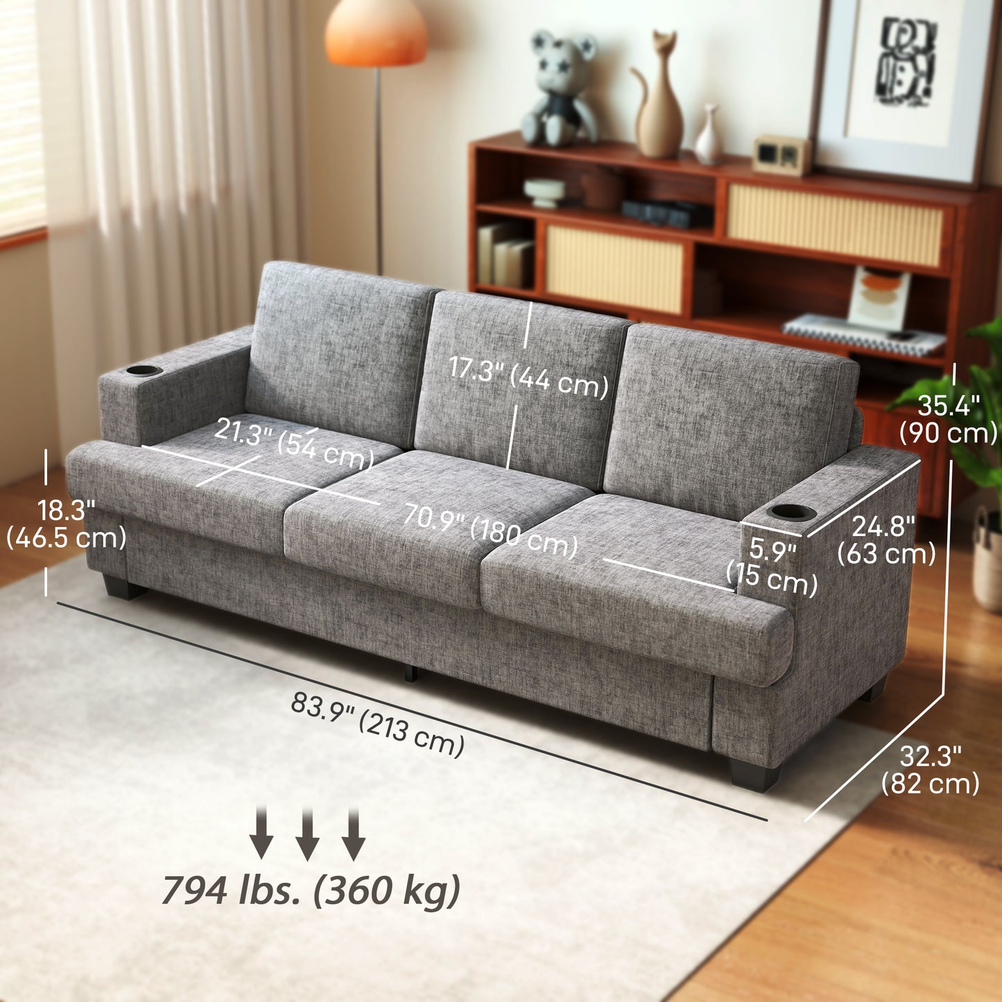 HOMCOM 3-Seater Grey Chenille Sofa with USB Ports and Dual Cup Holders