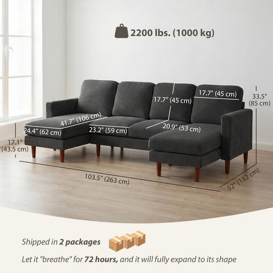Corduroy U-Shaped Sectional with Double Chaise & Spring Cushions