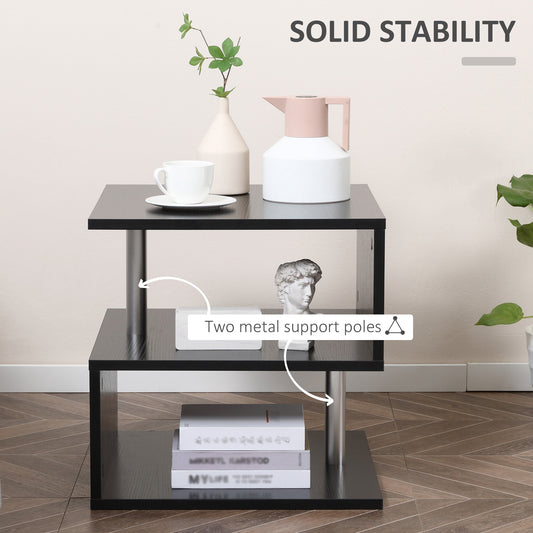 HOMCOM S-Shape 3-Tier Wooden End Table: Modern Black Storage Shelves