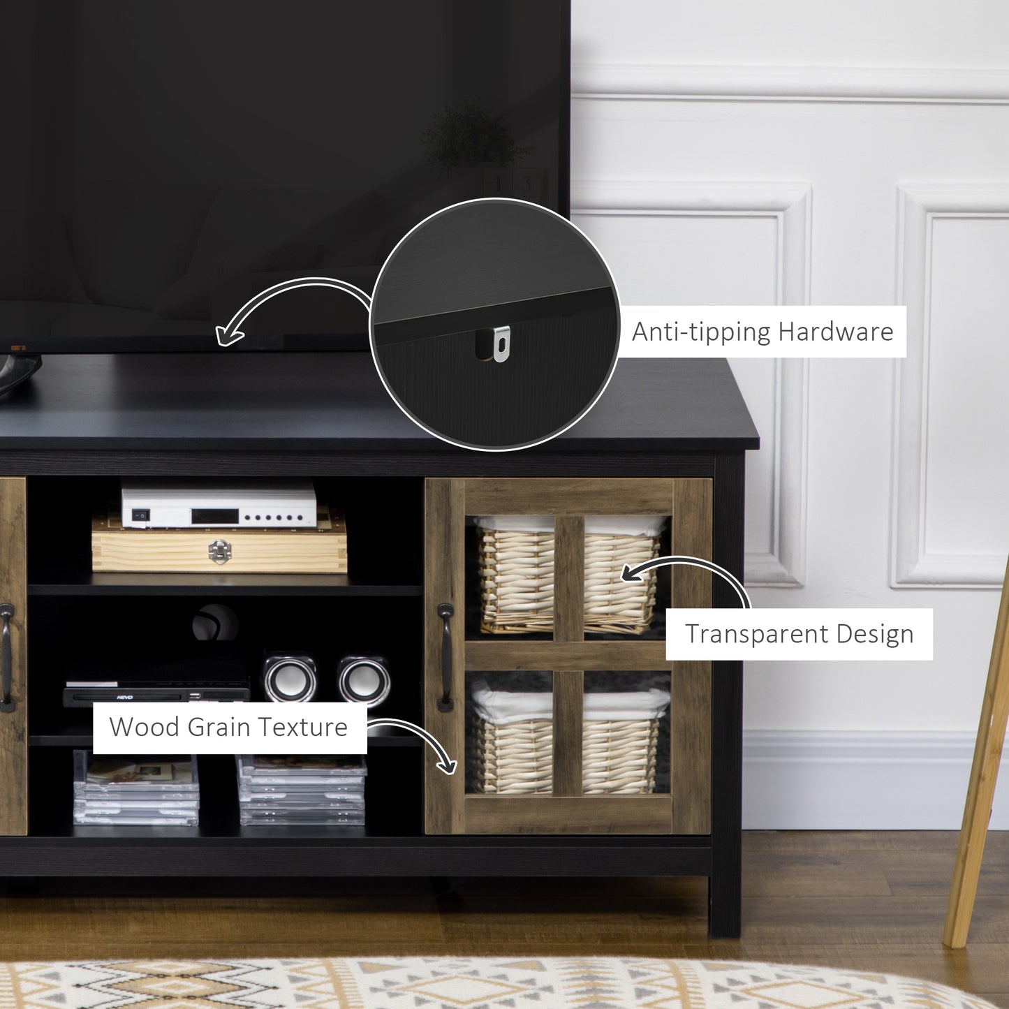 HOMCOM Modern Farmhouse TV Stand for 55-inch TVs, Adjustable Storage, Black
