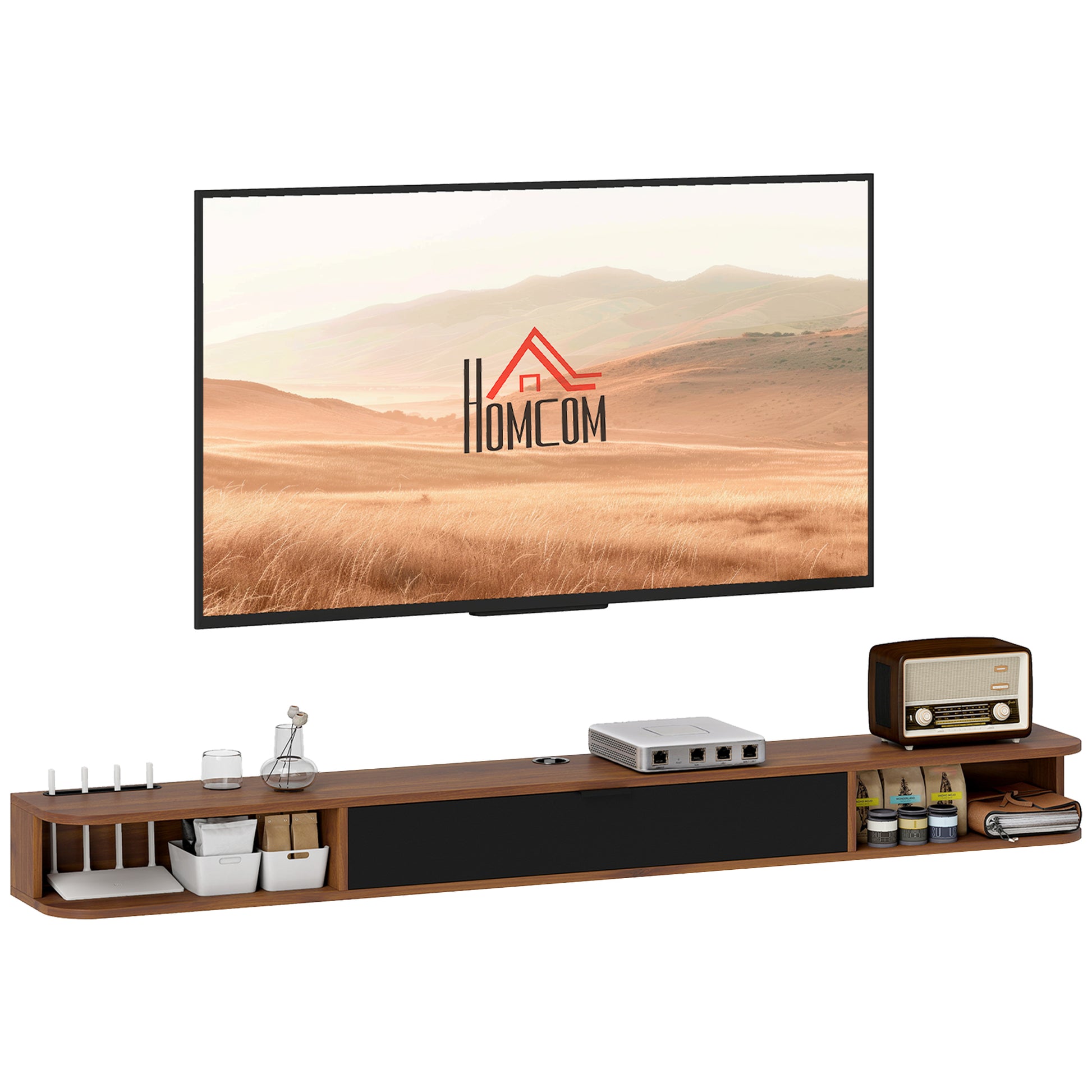 HOMCOM 71-Inch Floating TV Stand, Wall Mounted Media Console, Walnut Finish