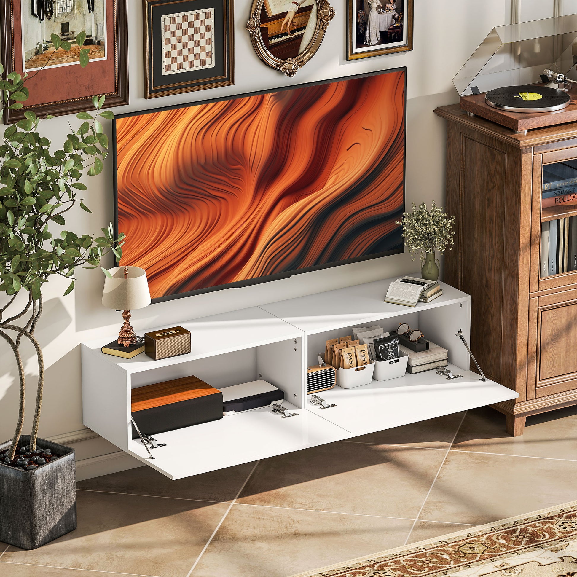 HOMCOM Floating Wall-Mounted TV Console, Storage for 45-65" TVs, White