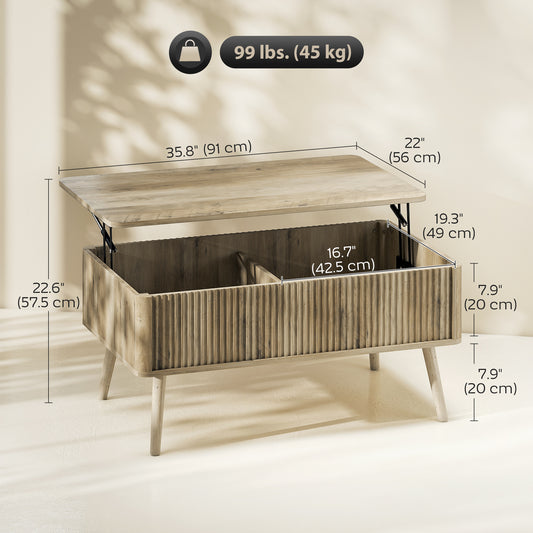 HOMCOM Modern Oak Lift Top Coffee Table with Hidden Storage, Pine Wood Legs
