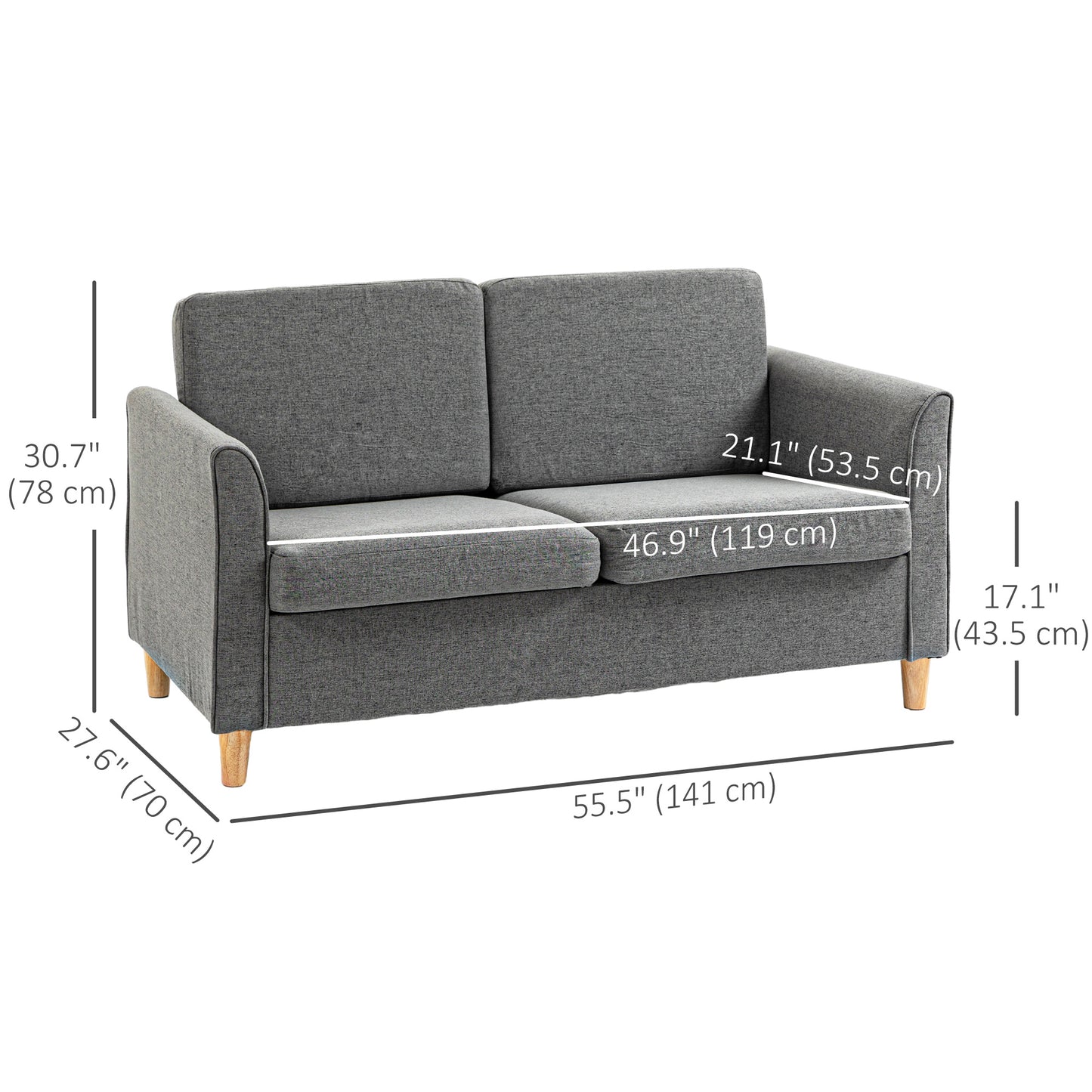 HOMCOM 55-inch Grey Upholstered Loveseat Sofa with Armrests, Sturdy Wood Legs
