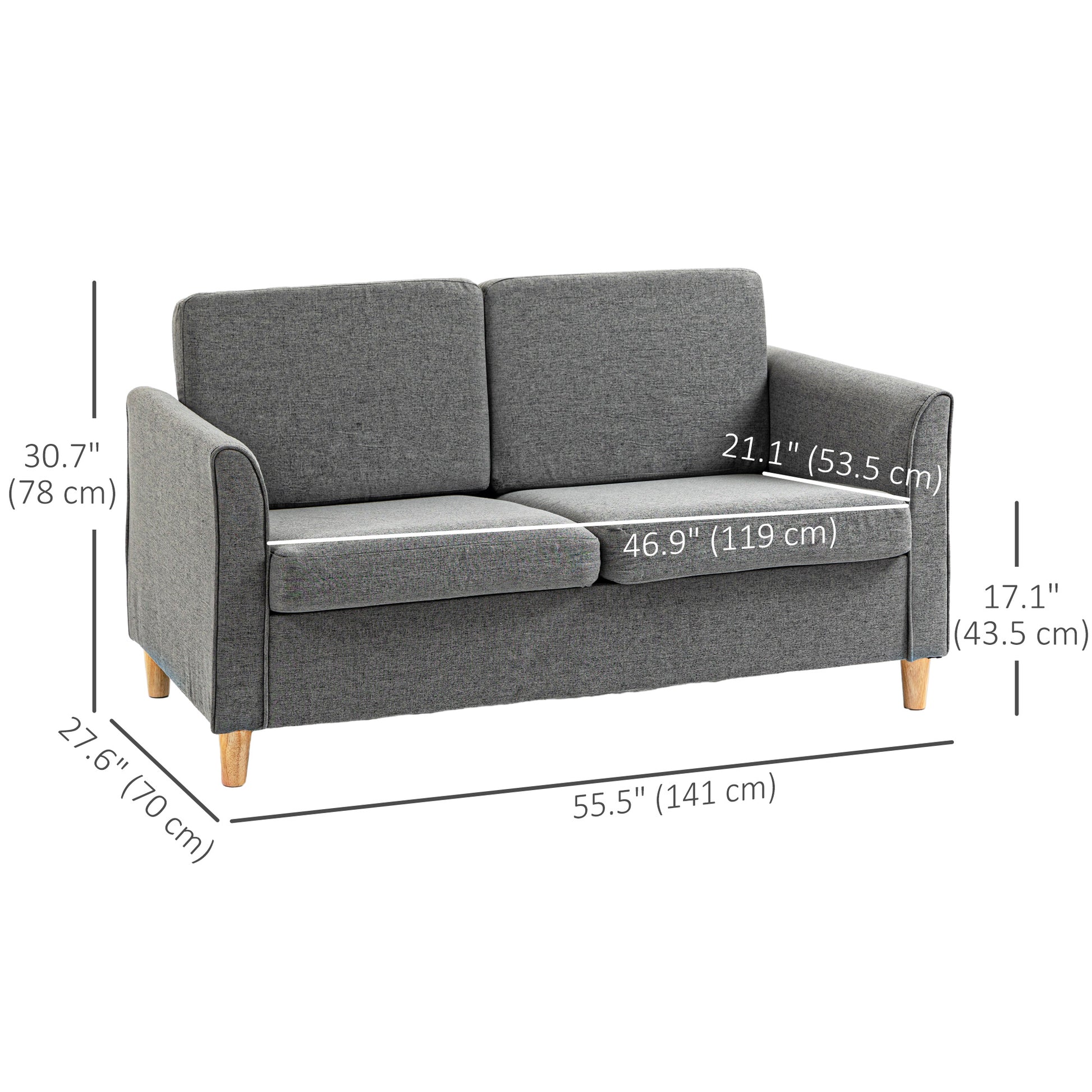 HOMCOM 55-inch Grey Upholstered Loveseat Sofa with Armrests, Sturdy Wood Legs