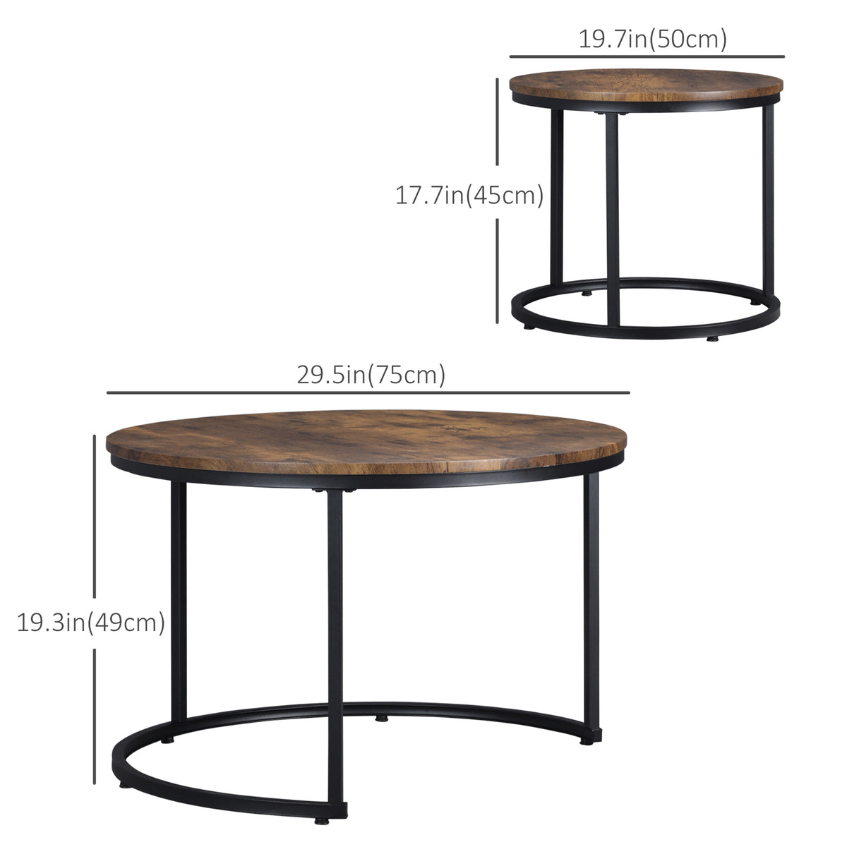 HOMCOM Modern Round Nesting Coffee Tables Set of 2, Rustic Brown