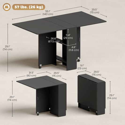 Collapsible Drop Leaf Dining Table with 2-Tier Shelves and Rolling Casters, 55"
