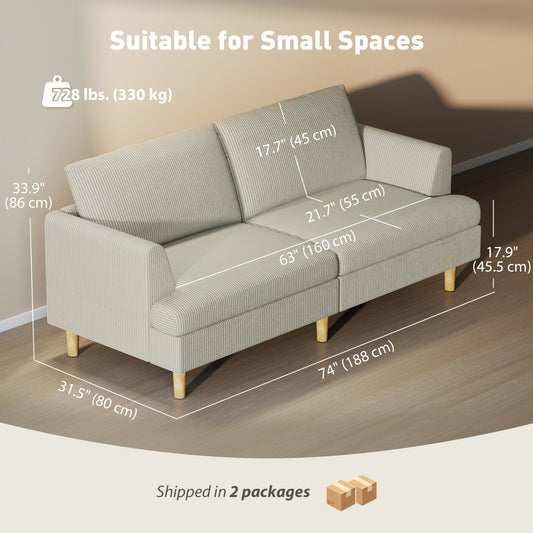 74" Corduroy 3-Seater Sofa with Wood Legs