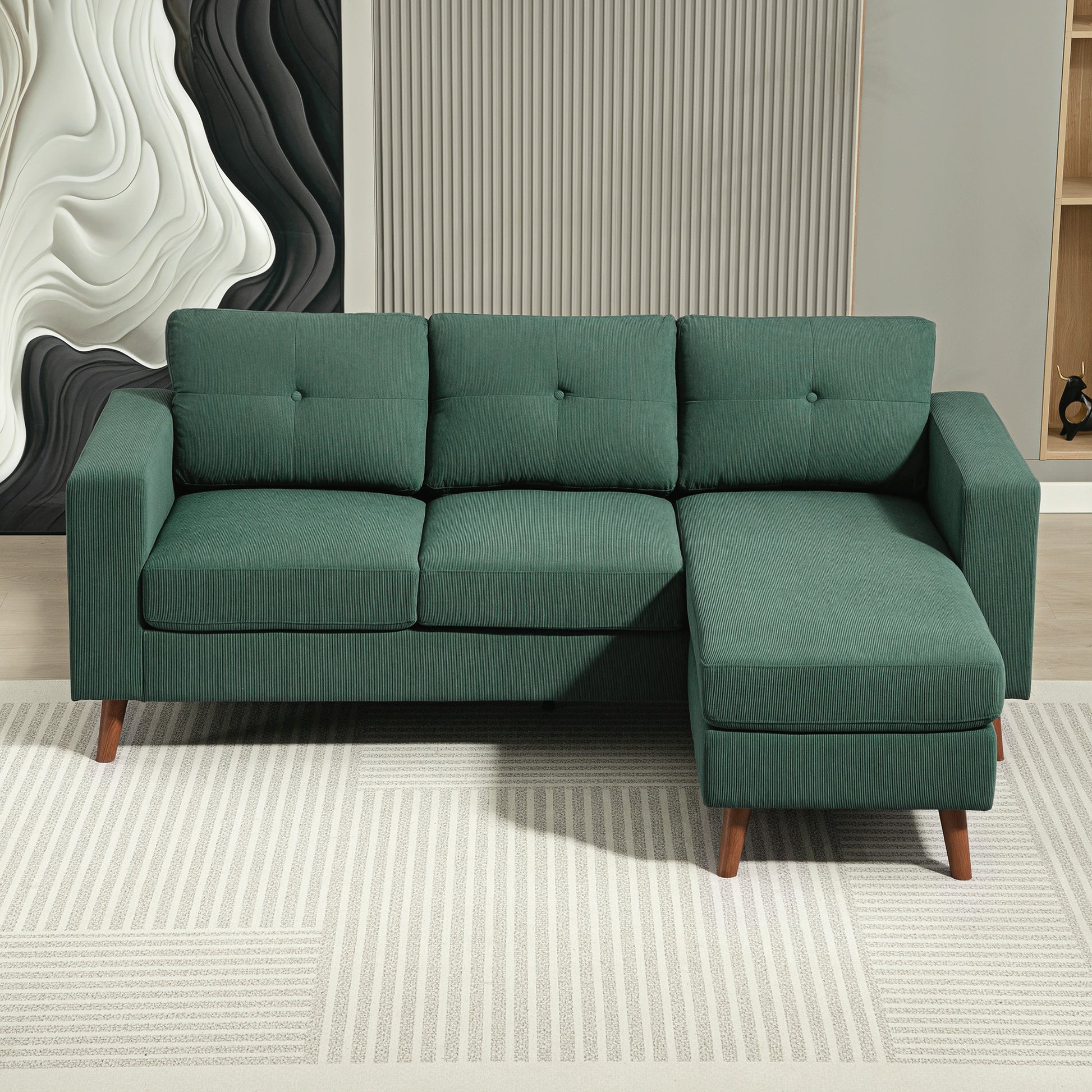 HOMCOM Dark Green Sectional Sofa: Reversible Chaise, 3-Seat L-Shaped Couch