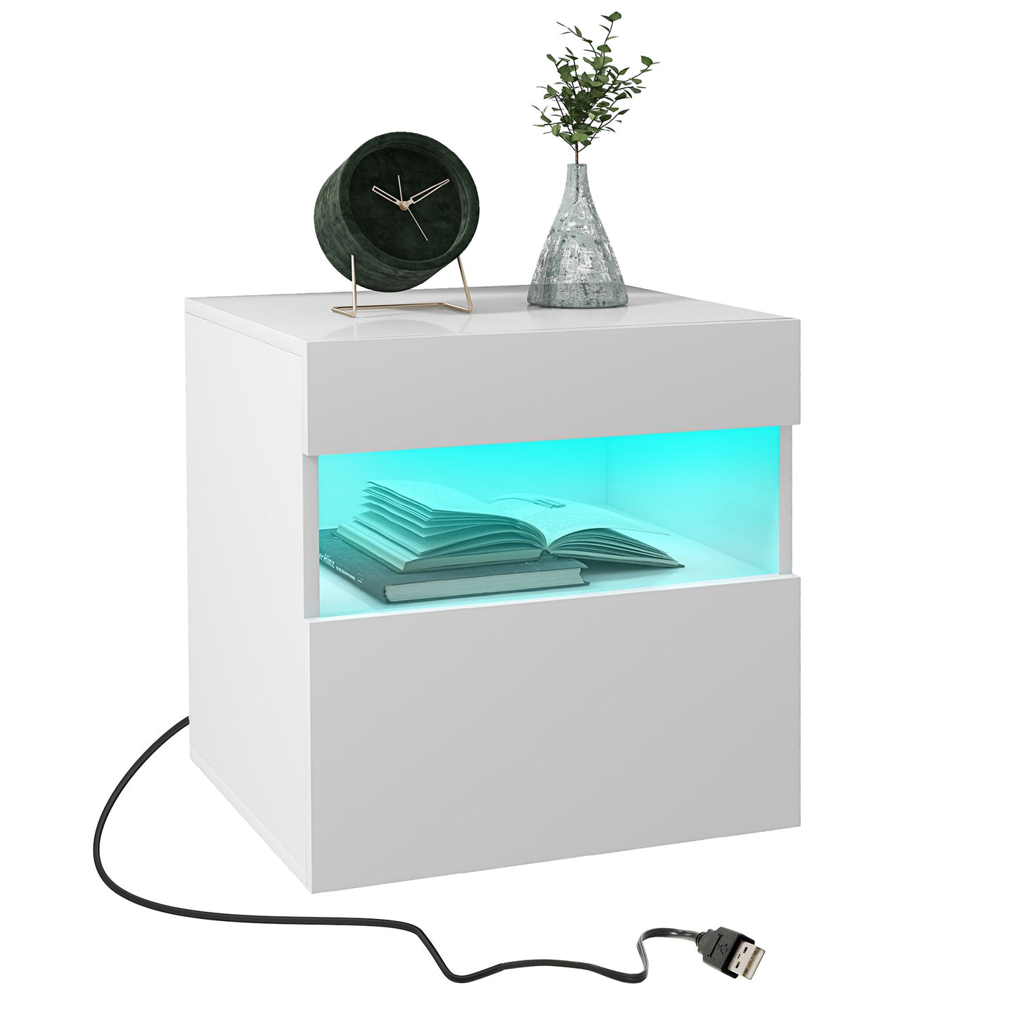 HOMCOM Modern White LED Nightstand Bedside Table with Drawer & Storage