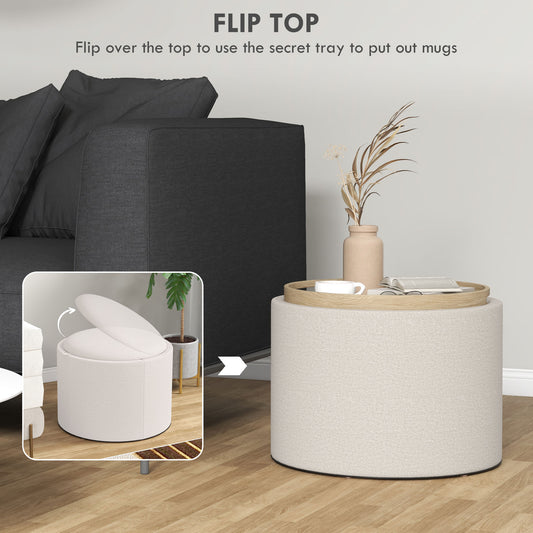 Round Storage Ottoman Coffee Table with Tray Top, Linen Upholstered