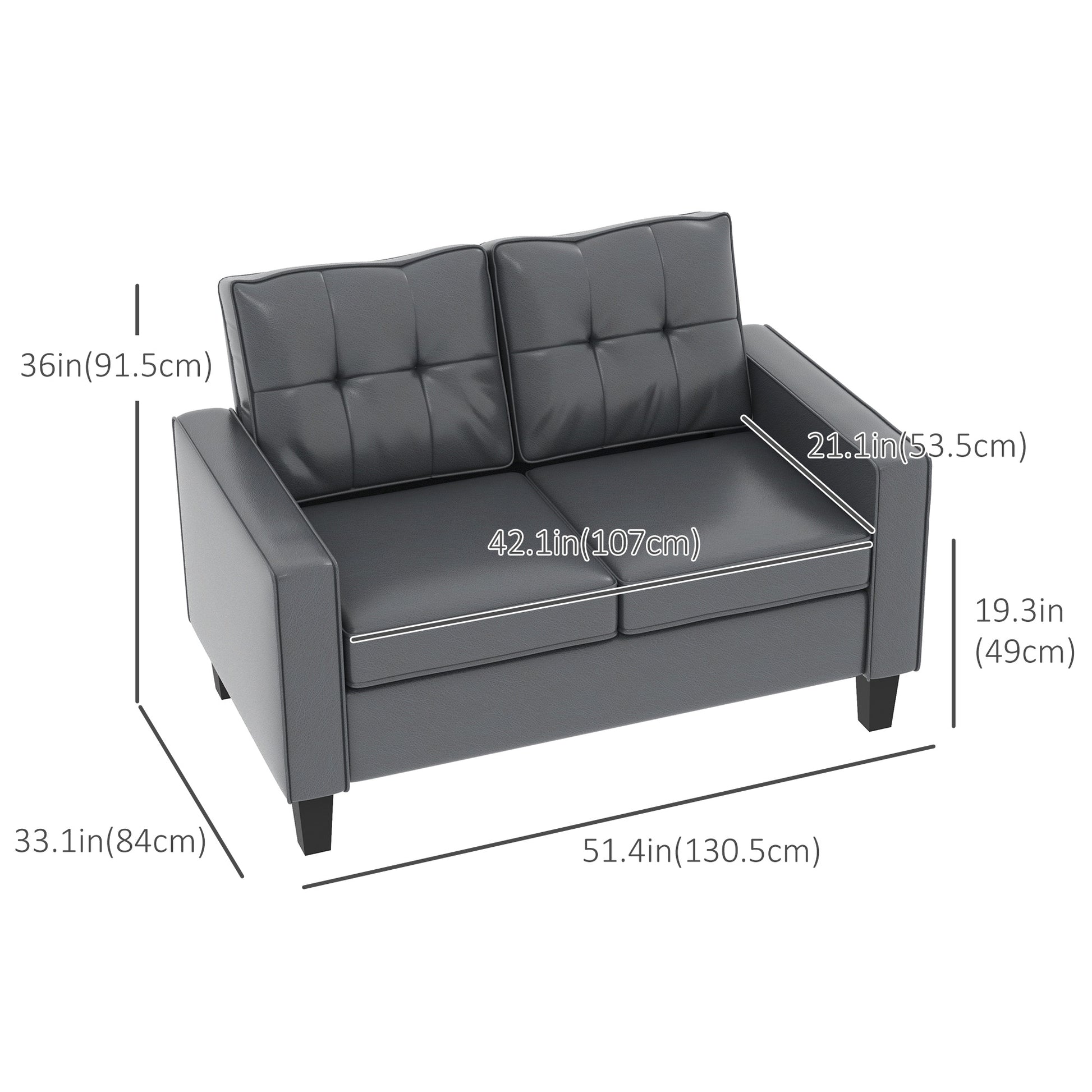 HOMCOM 51" Grey PU Leather Loveseat Sofa, Tufted Back, Pocket Spring