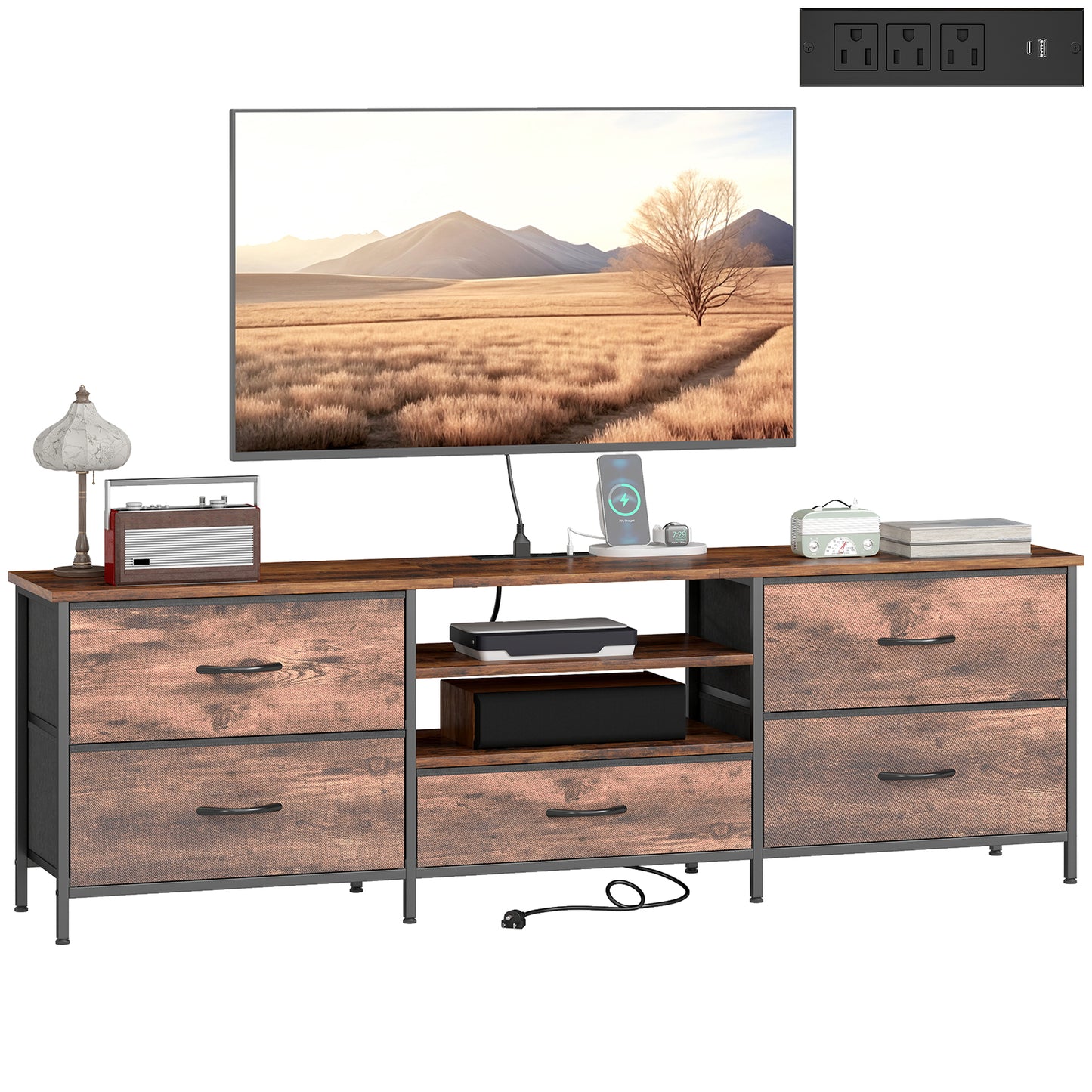 HOMCOM TV Stand for TVs up to 70 Inch, Industrial TV Console with Charging Station, 5 Drawers and Open Shelves, Rustic Brown