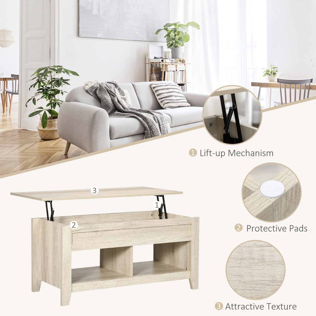 HOMCOM Lift Top Coffee Table with Hidden Storage, Open Shelves, Pop-Up Center Table, Oak Effect
