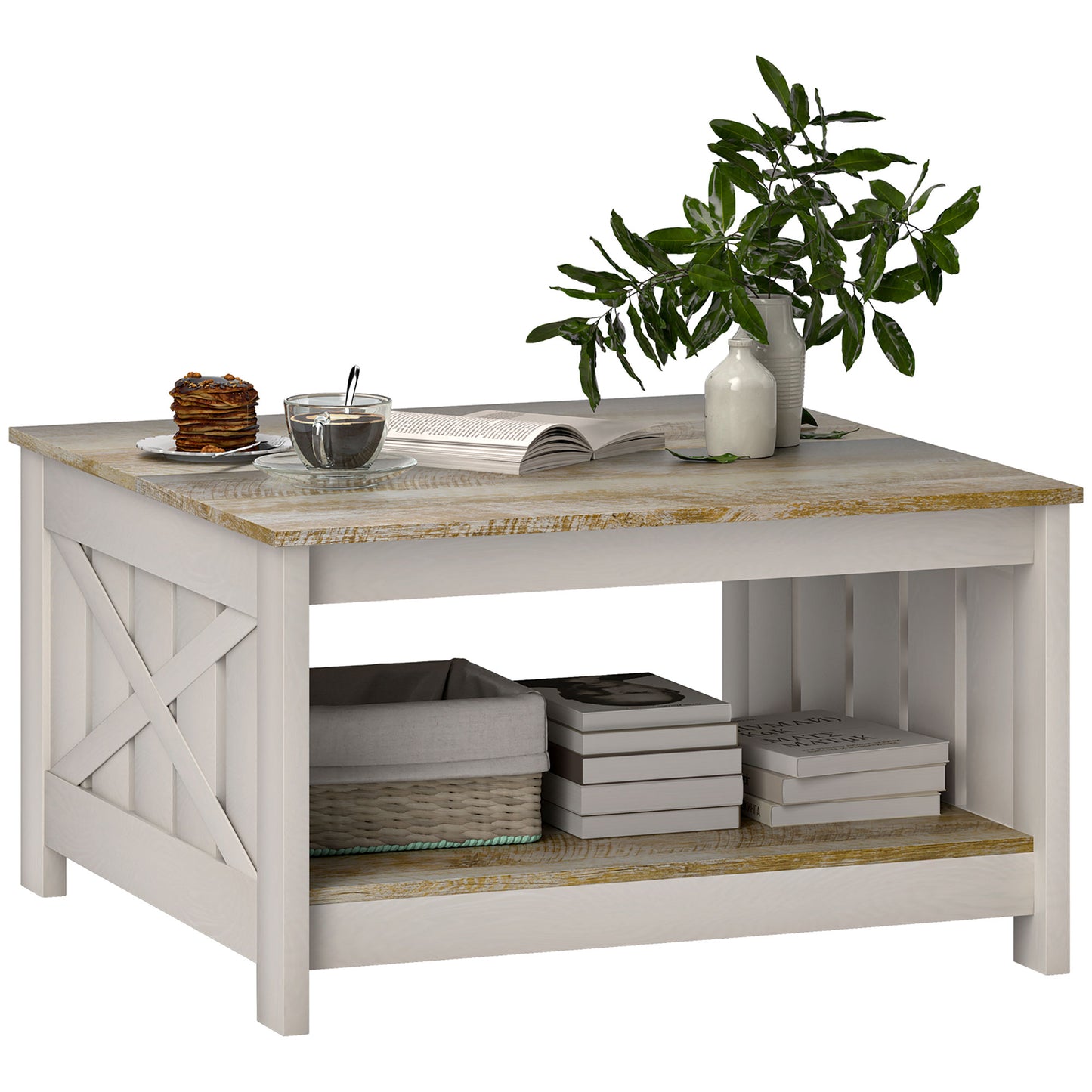 HOMCOM Farmhouse Square Coffee Table, 2-Tier Storage, Distressed Oak Brown Finish