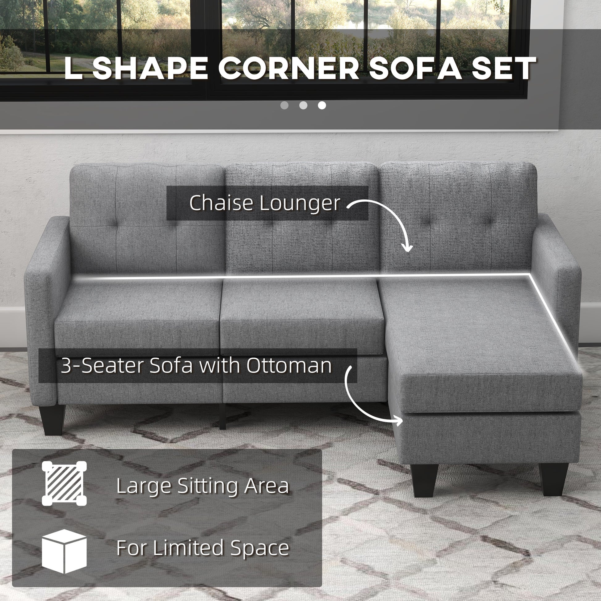 HOMCOM Modern L-Shape 3-Seater Sofa with Ottoman, Light Grey Fabric