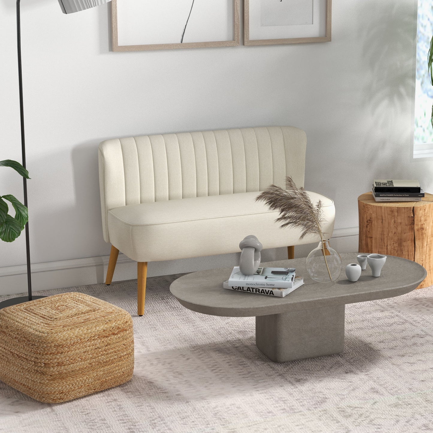 HOMCOM Modern Upholstered 2-Seat Loveseat Sofa, Cream White, Rubber Wood Legs