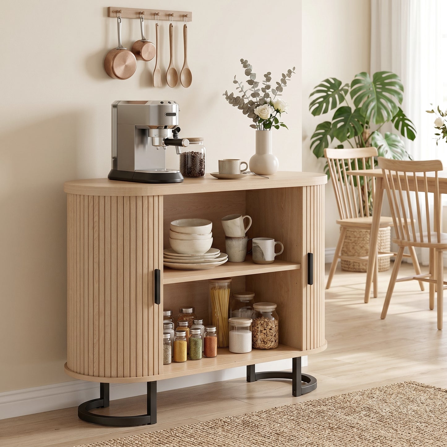 Sideboard Buffet Cabinet Curved Tambour Doors Brown Black