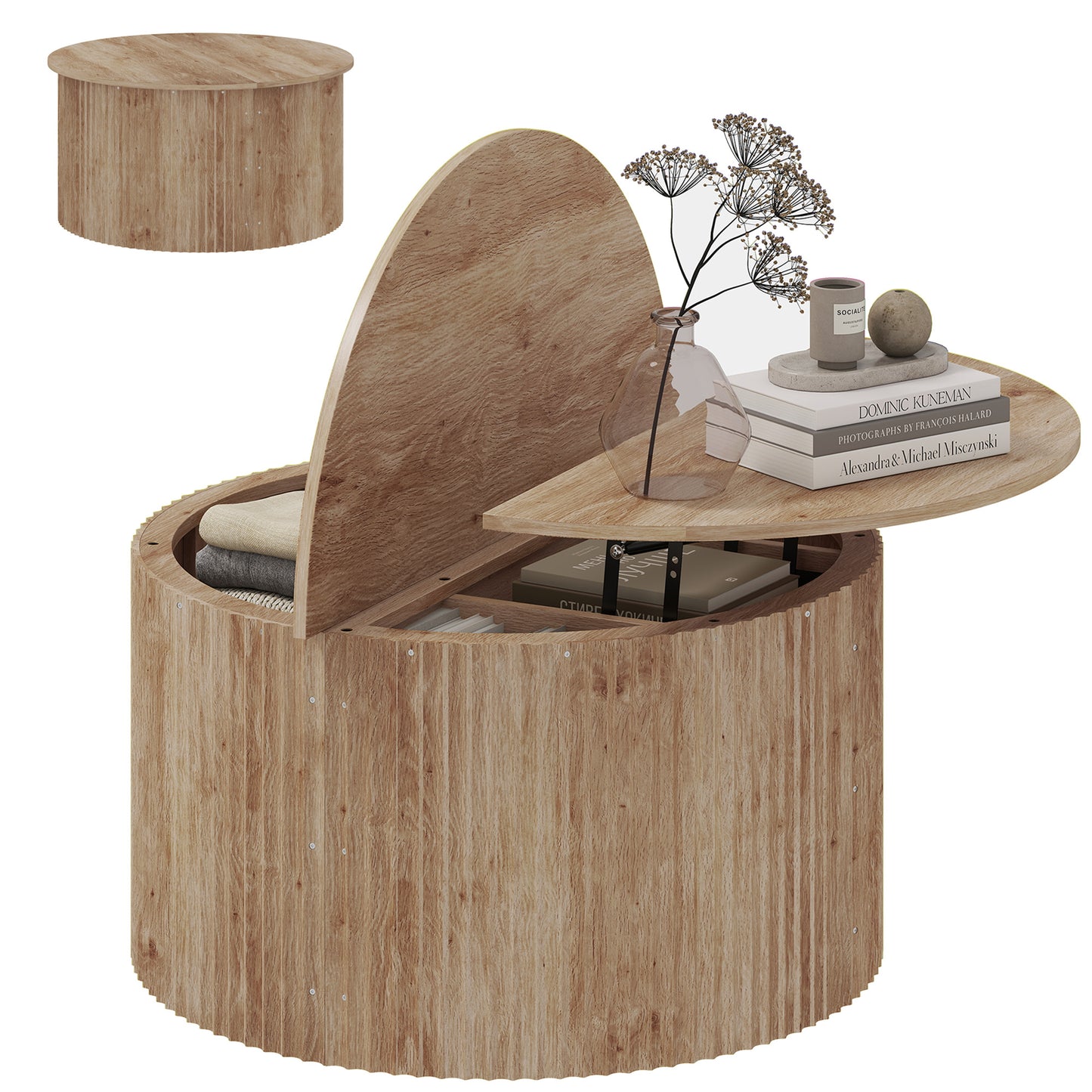 HOMCOM Round Lift Top Coffee Table 80cm Storage Natural Wood