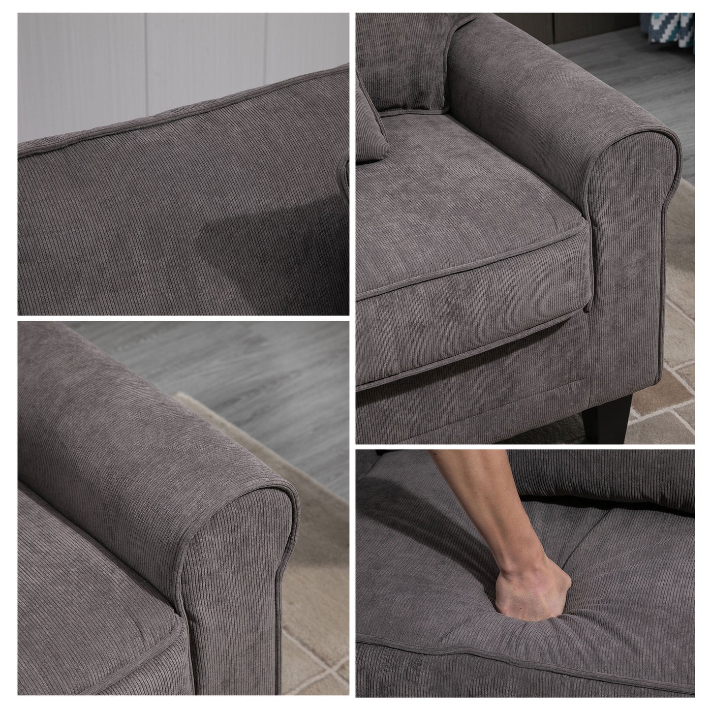 Modern 3-Seater Corduroy Sofa: Pine Wood Legs, Rolled Armrests, Light Grey