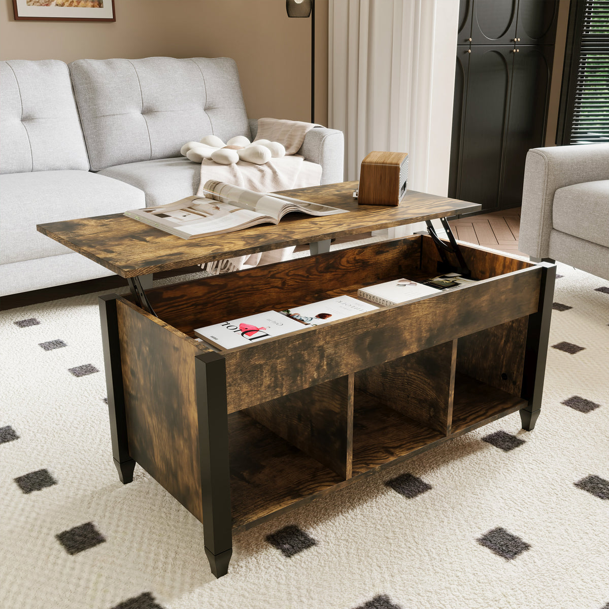 41" Lift-Top Coffee Table with Hidden Compartment and 3 Open Shelves