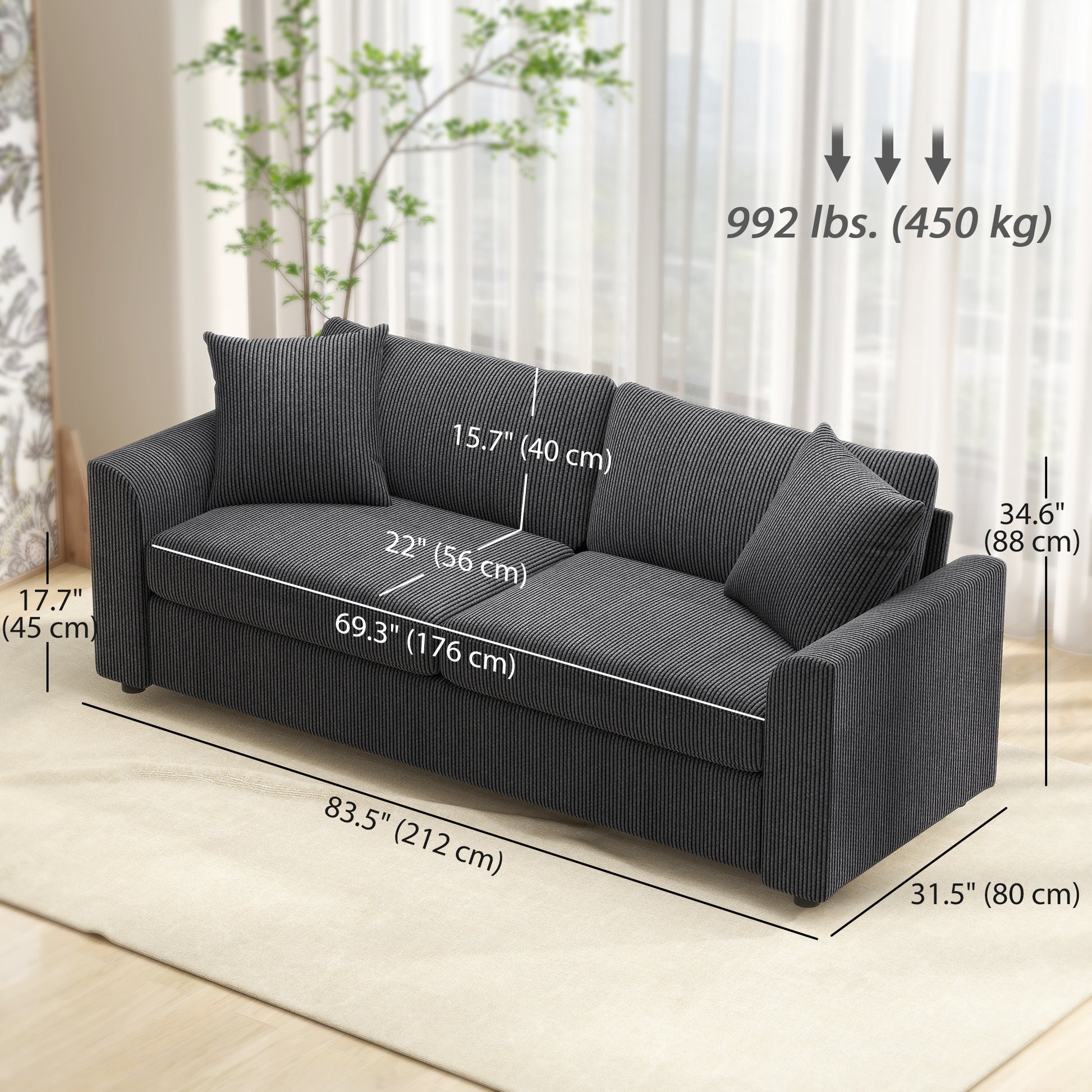 HOMCOM 3-Seater Modern Upholstered Couch with Pocket Spring, Dark Grey Fabric Sofa
