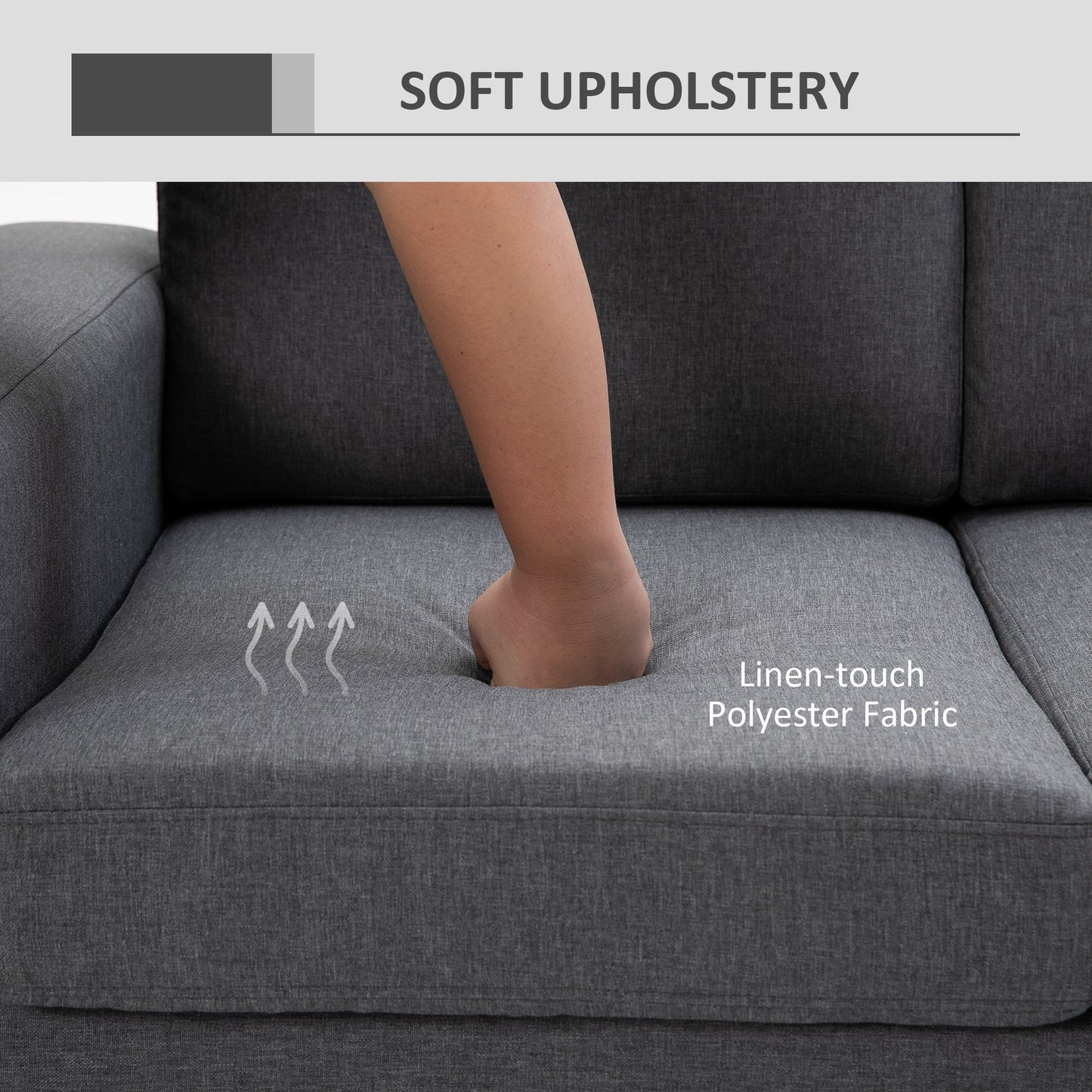 Modern Three-Seat Linen Upholstered Sofa with Steel Legs, Padded Cushions, Grey