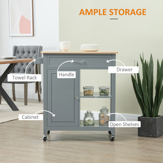 Rolling Kitchen Cart with Wood Top and Drawer – 33"W x 35"H