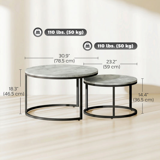 Round Nesting Coffee Table Set of 2, Marble-Effect Top, Metal Base, Grey