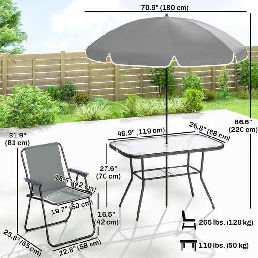8 Piece Patio Table and Chairs Set with Folding Chairs, Tempered Glass Tabletop and Umbrella for Garden – Grey