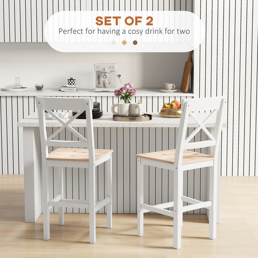 HOMCOM Set of 2 Farmhouse Solid Wood Counter Height Bar Stools